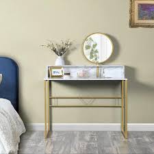 Chasson 41 3 In White Rectangle Faux Marble Console Table With Mirror