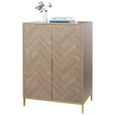 Accent Storage Cabinet Wood 2 Door Natural Oak Tall Buffet Sideboard With Adjustable Shelves