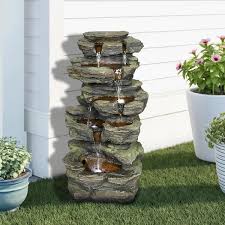 24 In Rock Outdoor Waterfall Fountain With Led Lights For Garden Decor