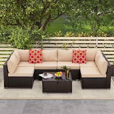 7 Piece Wicker Outdoor Sectional Set With Glass Table Beige Cushions And Pillows