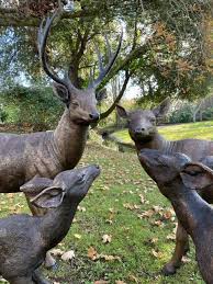 Stag Doe Fawns Bronze Sculpture Deer