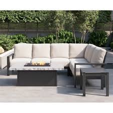 Elements Cushion Patio Sectional With Slate Fire Table