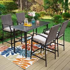 5 Piece Metal Outdoor Patio Bar Height Dining Set With Rectangle Table And Rattan Bistro Chairs With Beige Cushions