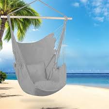 Large Hammock Chair Swing Relax Hanging Rope Swing Chair With Detachable Metal Support Bar Two Seat Cushions Cotton Hammock Chair Size 39 Beige