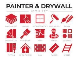 Red Painter And Drywall Icon Set With
