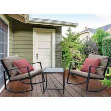 Kozyard Moana Outdoor 3 Piece Rocking Wicker Bistro Set Two Chairs And One Glass Coffee Table Black Wicker Furniture Taupe Cushion Red Stripe Pillow
