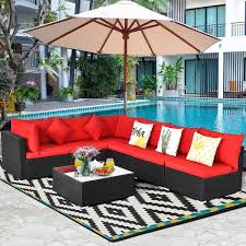 Costway 7 Piece Wicker Sofa Set Patio Conversation Set Garden With Red Cushions