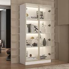 White Wood 31 5 In W Display Cabinet With Tempered Glass Doors And 3 Color Led Lights