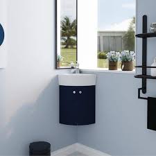 12 8 In Single Bowl Corner Wall Mounted Bath Vanity In Blue With Ceramic Sink In White With Overflow
