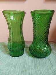 Two Vintage Green Glass Hoosier Vases