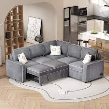 83 In L Shaped Modern Linen Sectional Sofa Convertible Sleeper Sofa In Gray With Usb Ports Power Sockets And 3 Pillows