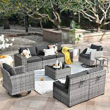 Tahoe Grey 9 Piece Wicker Wide Arm Outdoor Patio Conversation Sofa Set With Swivel Rocking Chairs And Black Cushions