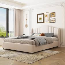 Harper Bright Designs Beige Upholstered Wood Frame Queen Size Platform Bed With Wingback Headboard And 4 Storage Drawers