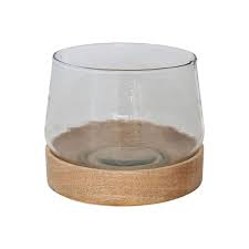 Storied Home Glass Hurricane Vase With Mango Wood Base Clear Brown