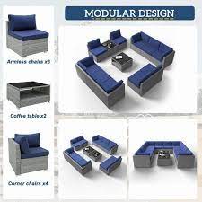 12 Piece Wicker Outdoor Patio Conversation Seating Sofa Set With Coffee Table Dark Blue Cushions