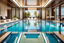 A Large Indoor Pool With A Glass Wall