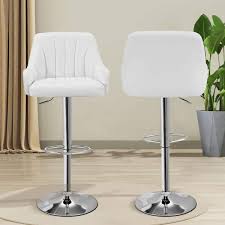 Swivel Adjustable Bar Stools With Back For Kitchen Counter Padded Counter Height Faux Leather Chairs White Set Of 2