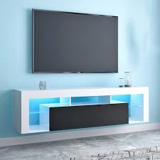 63 In Remote Control Wall Mounted Floating Tv Stand Cabinet With 16 Led Lights White And Black