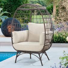 Joyside Patio Wicker Indoor Outdoor Egg Lounge Chair With Beige Cushions