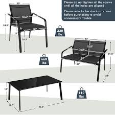 4 Pieces Patio Furniture Set With Armrest Loveseat Sofas And Glass Table Deck Black Costway