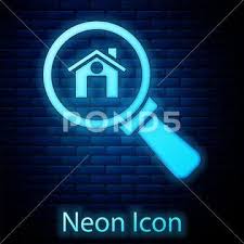 Glowing Neon Search House Icon Isolated