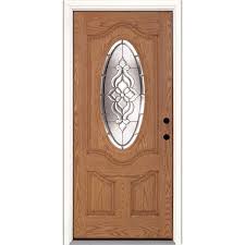 Feather River Doors 37 5 In X 81 625 In Lakewood Zinc 3 4 Oval Lite Stained Light Oak Left Hand Inswing Fiberglass Prehung Front Door Oak Woodgrain