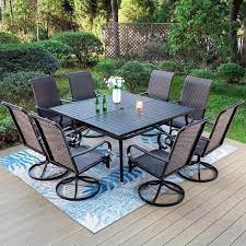 Phi Villa 9 Piece Metal Outdoor Dining Set With Square Table And Curved Armrest High Back Rattan Swivel Chairs