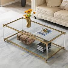 Fabulaxe Qi004409 Acrylic Rectangular Modern Gold Metal Coffee Table With Tempered Glass And Shelf For Office Dining Room Entryway
