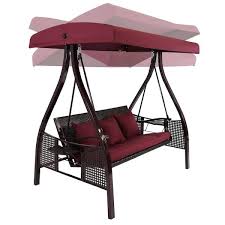 Sunnydaze 3 Person Steel Patio Swing With Side Tables And Canopy Merlot
