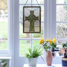 River Of Goods Celtic Cross Stained Glass Window Panel Green