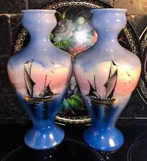 Antique Rare Bow Pottery Pair Of Blue