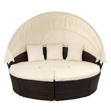 Goshadow Brown 5 Pieces Wicker Outdoor Sectional Set With Beige Cushion Separate Seating Round Outdoor Daybed Sunbed