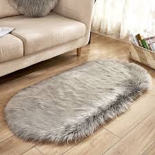 Oval Faux Fur Sheepskin Floor Rug Grey