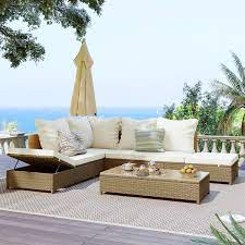 3 Piece Natural Brown Wicker Outdoor Sectional Set With Beige Cushions