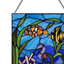 River Of Goods Fish Underwater Ocean Scene Stained Glass Window Panel Blue