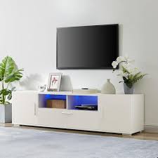 Seafuloy 63 In W White Particleboard Tv Cabinet With Led Lights And 3 Large Storage Space Maximum Television Size For 65 In