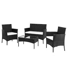 4 Piece Black Wicker Patio Conversation Set With White Seat Cushions