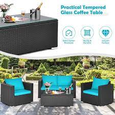 Costway 4pcs Patio Rattan Cushioned Sofa Chair Coffee Table Turquoise See Details Black Turquoise