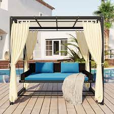 Black Metal Wicker Patio Swing Daybed