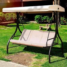 Veikous 3 Seat Converting Canopy Patio Swing Steel Lounge Chair With Cushions In Beige