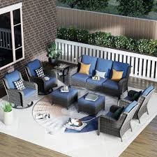 Erie Lake Gray 8 Piece Wicker Patio Conversation Seating Sofa Set With Denim Blue Cushions And Swivel Rocking Chairs