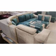 Biege 7 Seater Wooden Sofa Set Velvet