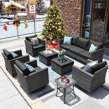 Megon Holly Gray 8 Piece Wicker Patio Conversation Seating Sofa Set With Black Cushions And Swivel Rocking Chairs