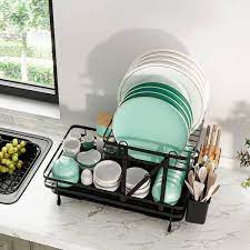 Aoibox 2 Tier Collapsible Vertical Fingerprint Proof Stainless Steel Drying Dish Rack With Removable Drip Tray