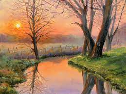 River Sunset Landscape Artwork Sunset