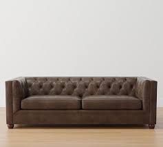 Chesterfield Square Arm Leather Loveseat Polyester Wrapped Cushions Nubuck Pewter Pottery Barn