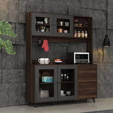 Fufu Gaga Glass Doors Brown Large Pantry Kitchen Cabinet Buffet With Hutch 4 Drawers Hooks 74 8 In H X 63 In W X 15 7 In D