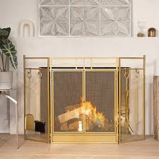 48 In Fireplace Screen Gold 4 Panel Fire Spark Guard Hinged Doors Wit