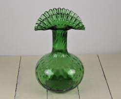 Optic Green Art Glass Vase With Ruffled