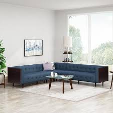 Noble House Rossburg Fabric Tufted Sectional Sofa Set Navy Blue And Brown